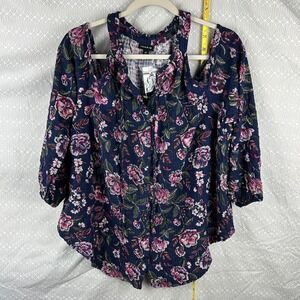 Torrid Navy Blue Pink Floral Button Up Cold Shoulder Blouse Top Plus Size 00 M L